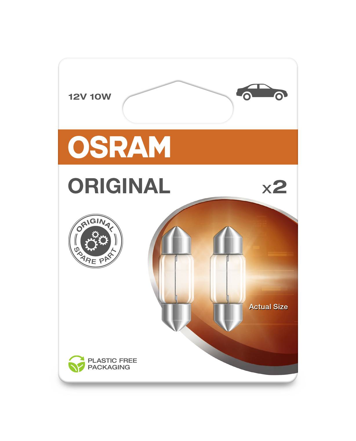 Opakowanie żarówek samochodowych 'Osram Original', prezentujące dwie lampy 12V 10W. Zawiera symbole oryginalnych części oraz oznaczenie opakowania wolnego od plastiku.