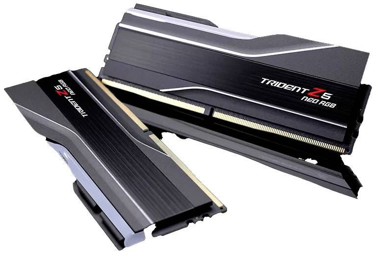 Dwa moduły RAM Trident Z5 Neo RGB, jeden w pozycji pionowej, drugi w poziomej. Mają czarny design z srebrnymi akcentami.