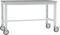 Stół roboczy na czterech kółkach, metalowa rama, prostokątny blat roboczy, wszechstronnie wykorzystywany w warsztatach lub garażach.