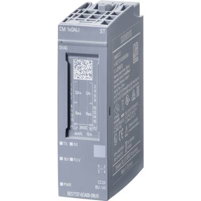 Szaro-niebieski moduł elektroniczny marki Siemens z cyfrowymi wskaźnikami świetlnymi i wieloma złączami do zastosowań przemysłowych.