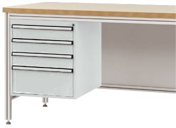 Metalowy stół warsztatowy z czterema szarymi szufladami po lewej stronie i drewnianym blatem na wierzchu.