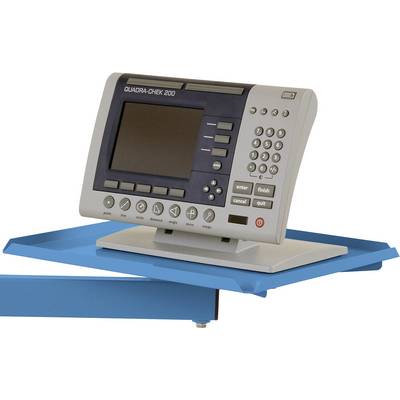 Cyfrowy przyrząd pomiarowy z wyświetlaczem i przyciskami. Model: Quadra-Chek 200. Jest zamontowany na obrotowym niebieskim wsporniku.