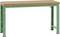 Zielony stół z brązowym drewnianym blatem, prostokątny kształt, prosta konstrukcja, odpowiedni do warsztatu lub garażu.