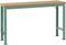 Prosty stół roboczy z zieloną metalową ramą i brązowym drewnianym blatem, odpowiedni do prac warsztatowych.