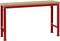Solidny stół warsztatowy z czerwoną metalową ramą i jasnym drewnianym blatem roboczym, idealny do prac rzemieślniczych i projektów.