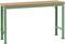 Stabilny stół roboczy z zieloną metalową ramą i gładką drewnianą powierzchnią, odpowiedni do prac warsztatowych.