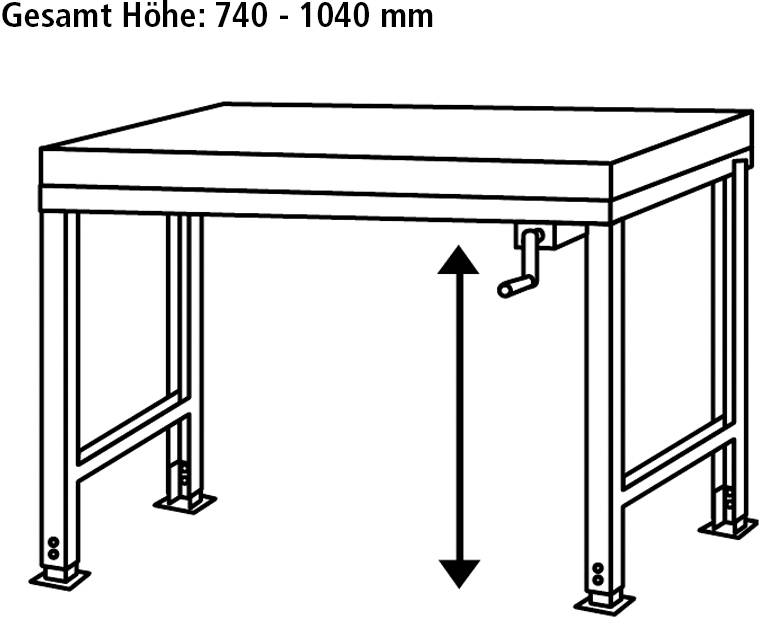 Stół z regulacją wysokości za pomocą mechanizmu korbowego, o całkowitej wysokości od 740 do 1040 mm.