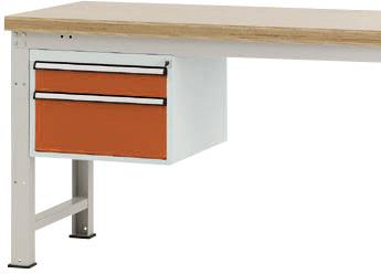Stół roboczy z jasną drewnianą powierzchnią i białą metalową ramą. Pod blatem znajdują się dwie pomarańczowe szuflady.