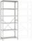 Regał metalowy z pięcioma poziomami, o solidnej konstrukcji, odpowiedni do magazynu lub garażu. Po prawej stronie przerywaną linią zaznaczono propozycję rozbudowy.