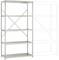 Regał metalowy z pięcioma przestawnymi półkami, obok po prawej stronie przerywana linia konturu tego samego regału.