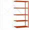 Czerwony metalowy regał z czterema przestawnymi półkami. Drugi regał został schematycznie przedstawiony jako linia przerywana.