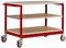 Czerwony wózek transportowy o trzech poziomach i czterech obrotowych kółkach, przeznaczony do przewożenia przedmiotów w magazynie lub biurze.