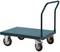 Niebieski wózek transportowy z czterema kołami i metalowym uchwytem przesuwnym, idealny do przewożenia ciężkich ładunków w magazynach.