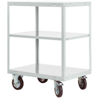 Wózek metalowy z dwiema półkami i czterema kółkami, odpowiedni do transportu towarów lub materiałów w środowisku magazynowym.