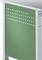 Zielony metalowy ekran z kwadratowymi perforowanymi wzorami, zamontowany na białej ramie, prawdopodobnie będący częścią stołu lub szafki.