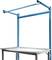 Niebieski stół roboczy z metalową ramą, regulowanymi nogami i solidnym blatem. Nadaje się do zastosowań przemysłowych.