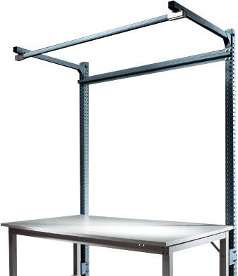 Regulowany wysokościowo metalowy stół roboczy z zintegrowaną nadbudówką do montażu narzędzi i akcesoriów.