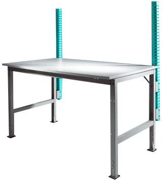 Stabilny stół metalowy z płaską, prostokątną stalową ramą i dwoma pionowymi zielonymi regulowanymi słupkami w tle.