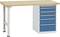 Stół warsztatowy z drewnianym blatem i niebieskim paskiem szufladowym po prawej stronie, odpowiedni do prac warsztatowych.