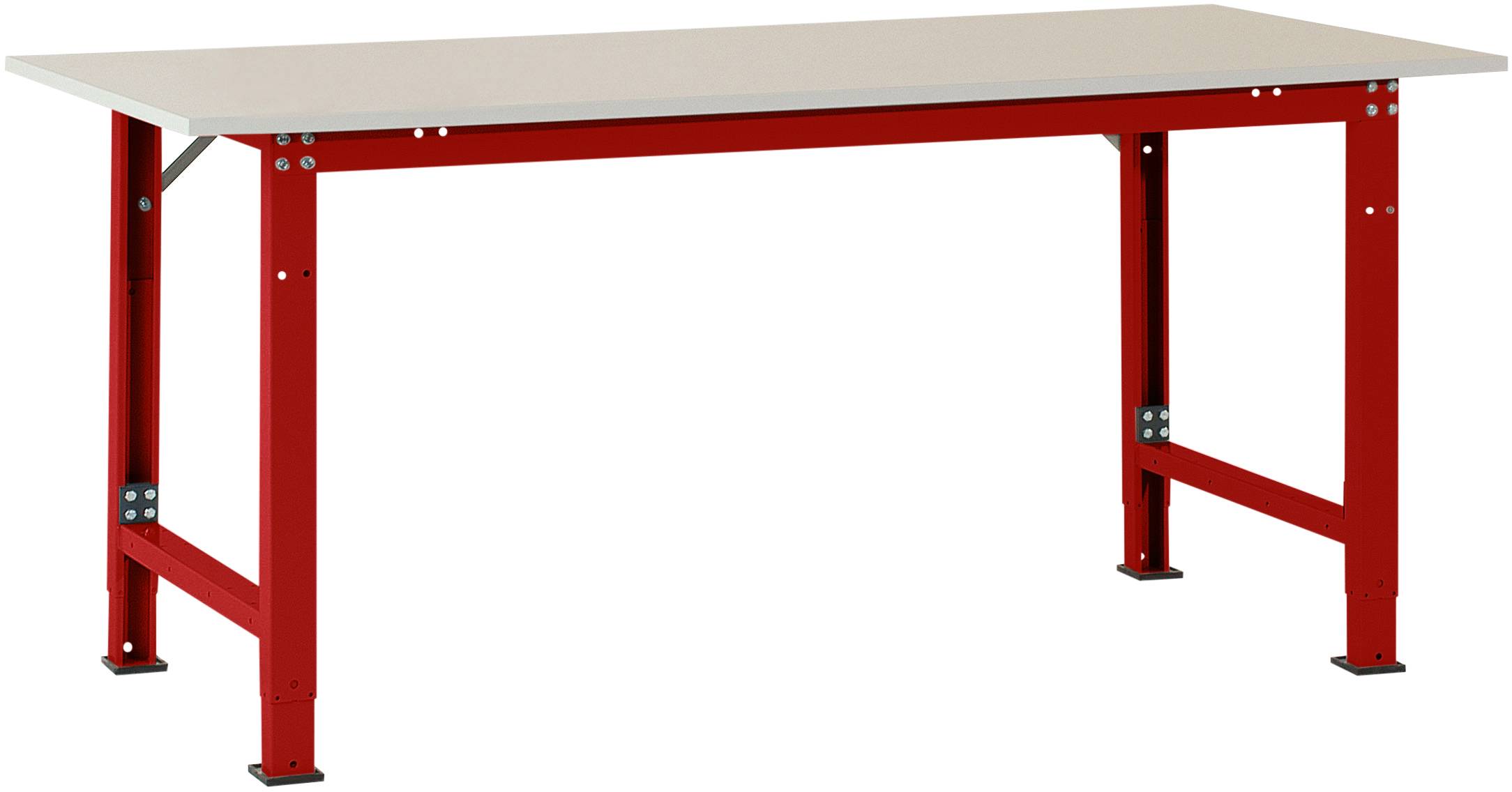 Prostokątny stół z czerwoną metalową podstawą i jasnym blatem. Idealny do przestrzeni roboczych lub warsztatów.