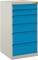 Metalowy szafka na dokumenty z sześcioma niebieskimi szufladami i małą tabliczką ostrzegawczą w prawym górnym rogu.