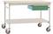 Mobilny stół roboczy na kółkach z zieloną szufladą poniżej, idealny do elastycznego wykorzystania w warsztatach lub laboratoriach.