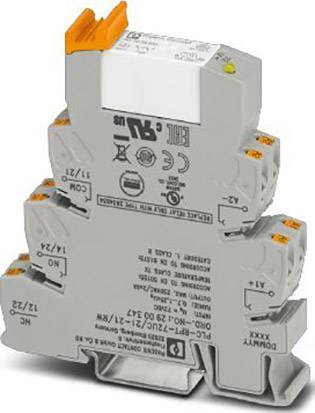 Elektryczny moduł do montażu na szynie DIN, z wieloma złączami i oznaczeniami, przeznaczony do zastosowań przemysłowych.