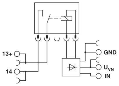 Schemat elektryczny przełącznika elektronicznego z wejściami 13+, 14 oraz wyjściami GND, UVN, IN. W centrum schematu przedstawiono diodę.