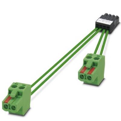 Zielony złącz kablowy z dwoma przyłączami, połączony z czarnym blokiem przyłączeniowym. Odpowiedni do połączeń elektrycznych.
