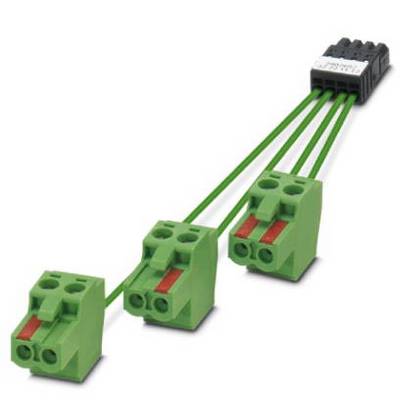 Trzy zielone zaciski są połączone zielonymi przewodami z czarnym złączem. Przedstawienie połączenia elektronicznego.