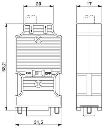 Rysunek techniczny przełącznika z wymiarami: 58,2 mm wysokości, 31,5 mm szerokości. Oznaczony napisami 'ON' i 'OFF'. Wskazane szerokości 20 mm i 17 mm.