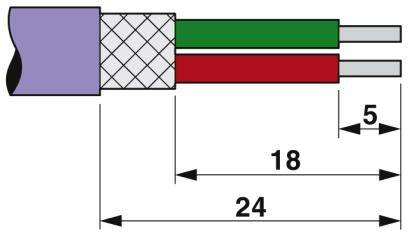 Diagram kabla z dwoma przewodami, zielonym i czerwonym, o długości 24 jednostek, gdzie jeden odcinek ma 18 jednostek długości.