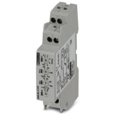 Szary moduł elektroniczny z wieloma pokrętłami ustawień i zaciskami przyłączeniowymi. Nadruk z informacjami technicznymi i symbolami.