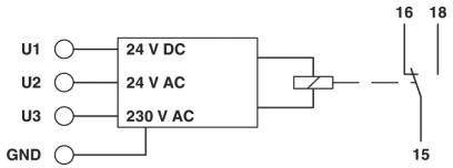 'Schemat połączeń z zaciskami U1, U2, U3, GND po lewej stronie; wyjścia 16, 18, 15 po prawej stronie; 24 V DC, 24 V AC i 230 V AC na U1, U2, U3.'
