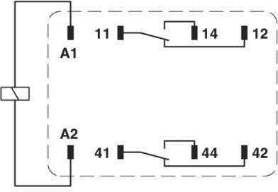 Symbol schematu elektrycznego przedstawia przekaźnik z dwoma stykami zwierającymi, oznaczonymi jako '11', '12', '14' oraz '41', '42', '44'. Przewody połączeniowe do zacisków A1 i A2.