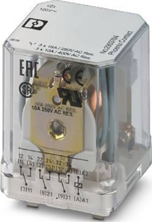 Przezroczyste przekaźniki z technicznymi specyfikacjami na przedniej części, przystosowane do prądu przemiennego 16A/250V, prezentujące logotypy producenta.