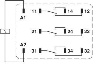 Schemat pokazuje trzy identyczne układy z dwoma wejściami A1 i A2, połączone z odpowiednio dwoma wyjściami (11-14-12, 21-24-22, 31-34-32).