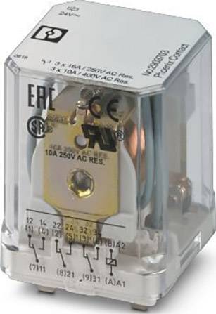 Moduł przekaźnikowy w przezroczystej obudowie, prezentujący specyfikacje techniczne i pieczęcie kontrolne.