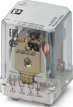 Przekaźnik z przezroczystą obudową, ukazujący elementy elektryczne i złącza. Obudowa oznaczona znakiem CE.