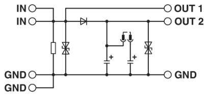 'Schemat elektroniczny: Podwójny regulator napięcia z kondensatorami i diodami. Wejścia IN, wyjścia OUT 1 i OUT 2.'