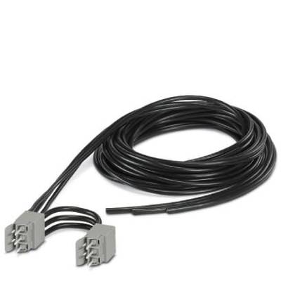 Długi, czarny kabel z dwoma szarymi złączami na jednym końcu, zwinięty w pętlę. Idealny do podłączeń elektrycznych.