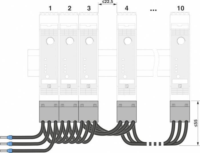 Schemat elektrycznego układu połączeń z pięcioma ponumerowanymi modułami, połączonymi czarnymi kablami na dole.