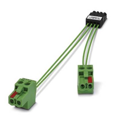 Zielony kabel z wtyczkami na obu końcach, odpowiedni do połączeń elektrycznych w instalacjach szaf sterowniczych.