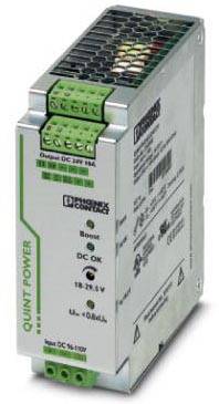 Jednostka zasilająca z zielonymi złączami i oznakowaniem marki. Model: QUINT POWER Wyjście DC 24V 15A.