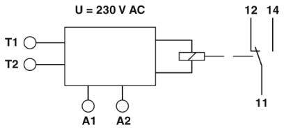 Schemat elektryczny przekaźnika 230 V AC z zaciskami T1, T2, A1, A2 oraz stykami przełącznika 11, 12, 14.