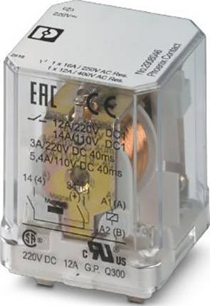 'Przezroczysta obudowa przekaźnika z oznaczeniami cewek i styków dla różnych napięć i natężeń prądu, przeznaczona do zastosowań przemysłowych.'