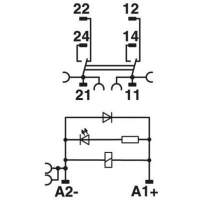 'Schemat elektryczny: Góra, podwójny przełącznik ze stykami 11, 12, 21, 22, 14, 24. Dół, obwód elektryczny z diodami i rezystorem.'