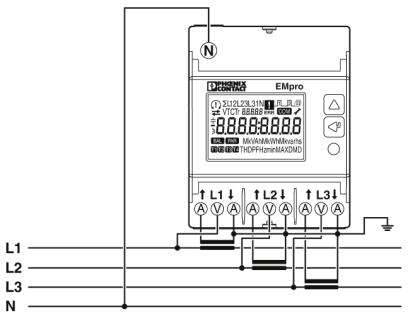 Elektryczny przekładnik pomiarowy przedstawia widok schematu połączeń z zaciskami dla L1, L2, L3 oraz N. Wyświetlacz prezentuje cyfrowe wartości pomiarowe.