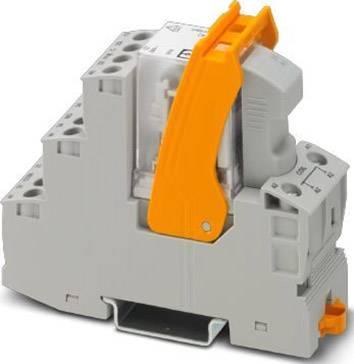 Szary moduł przekaźnikowy z pomarańczową dźwignią, zamontowany na szynie DIN, odpowiedni do instalacji w urządzeniach elektrycznych.