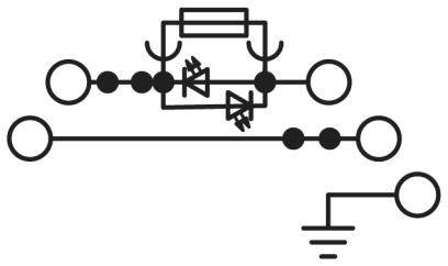 Symbol elektronicznego układu scalonego z diodami i symbolami uziemienia, pokazujący kierunek przepływu prądu.